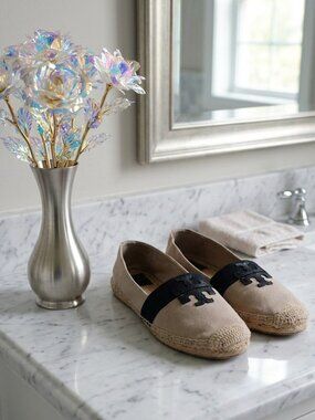 Tory Burch Weston Canvas Espadrilles | Tan & Black Logo Summer Flats  Size 7